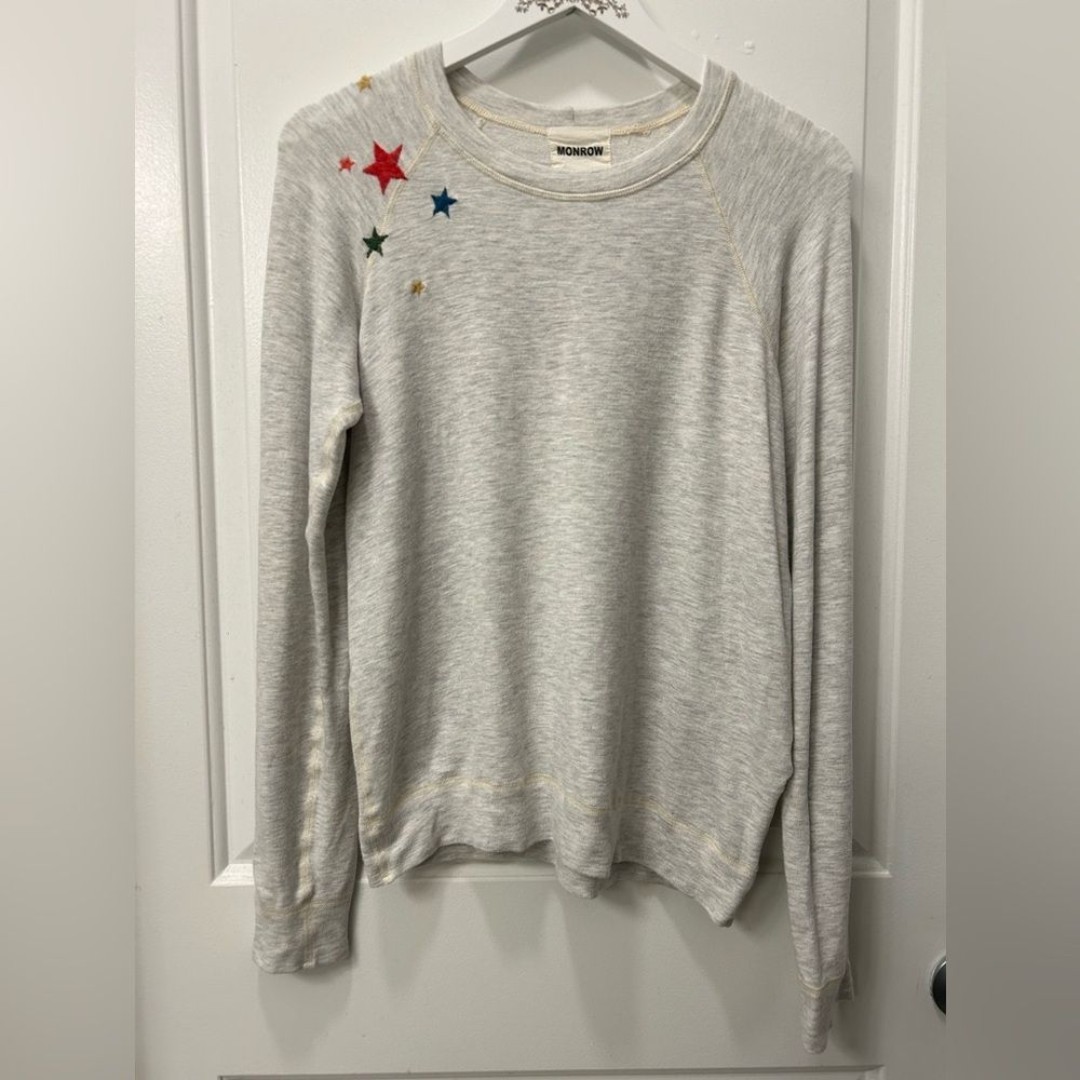 Monrow XS Heathered Star Embroidery Shoulder Sweatshirt Loungewear Comfy Novelty