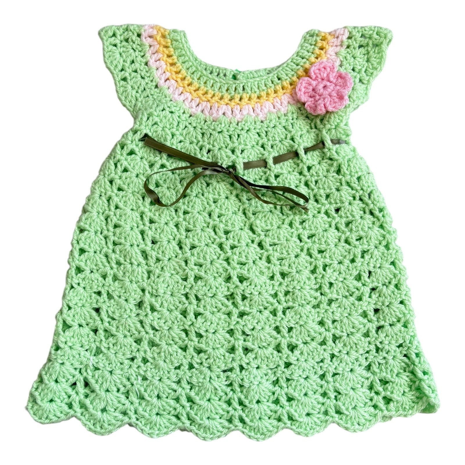 Handmade Crochet Fairy Spring Summer A-Line Flower Dress Baby 6M-12M New Green