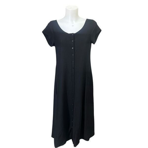 Eileen Fisher Black Scoop Neck Short Sleeve Shift Dress Button Down Classic sz S