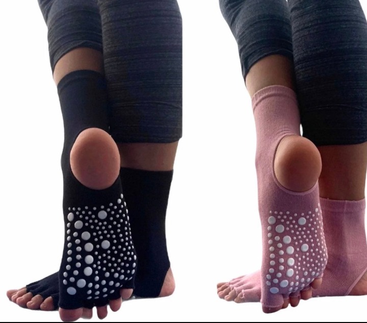 New - 2 Pairs Yoga Grip Ankle Sticky Socks - Half Toe Open Heel