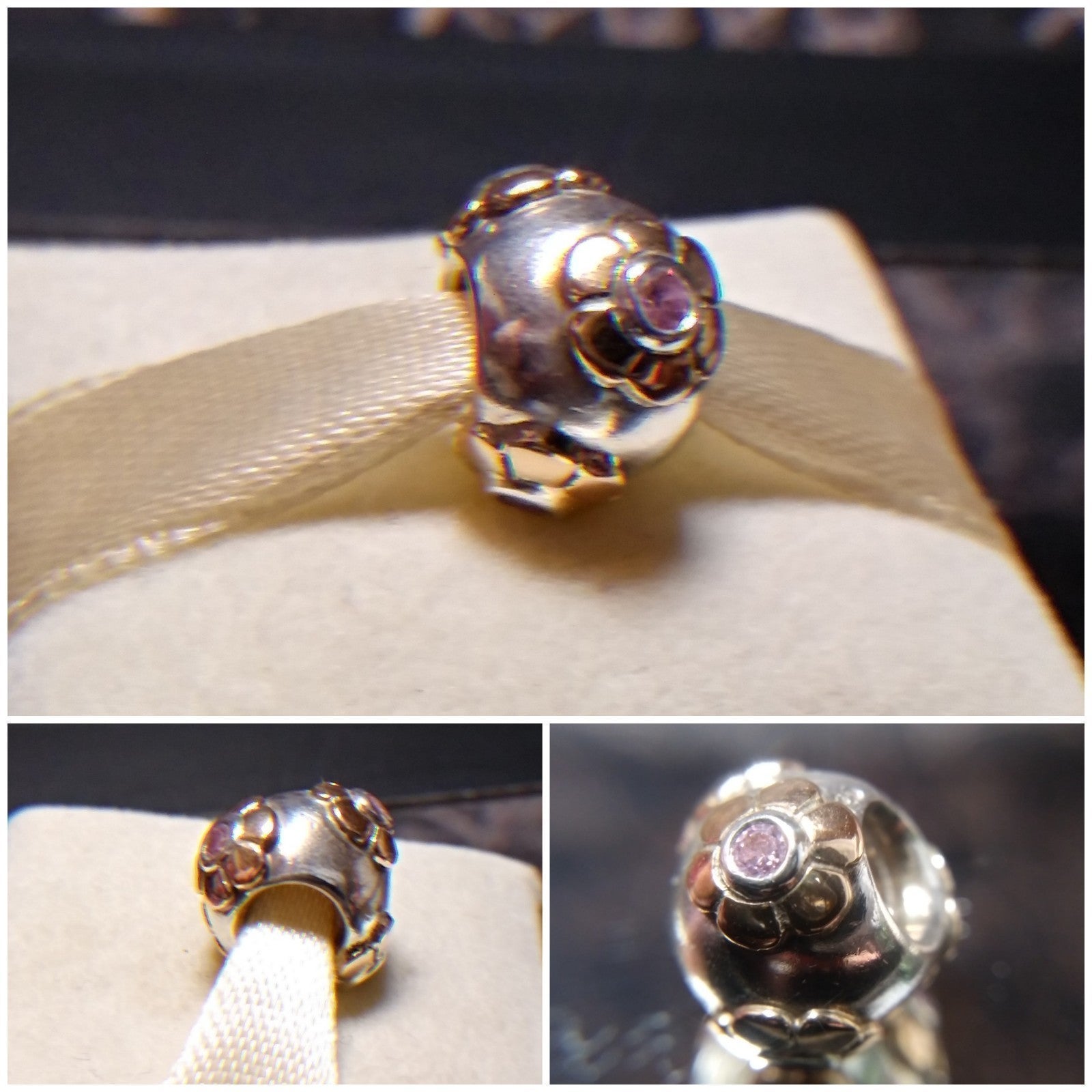 PANDORA Rare Raised Flower Pink CZ Charm, Sterling Silver & 14kt Gold {Re~tired}