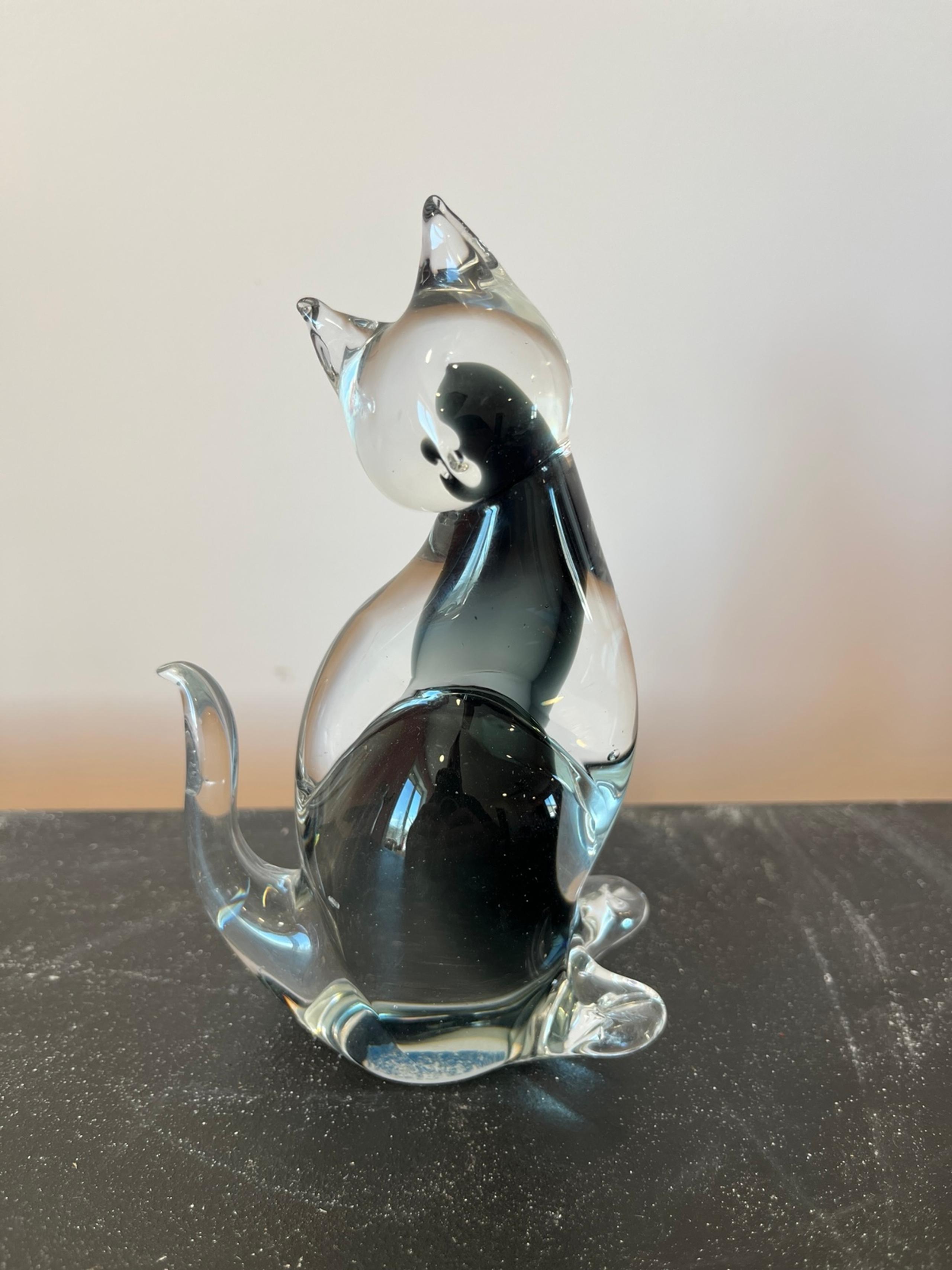 Vintage Murano Glass Smokey Gray Cat Sculpture 6”