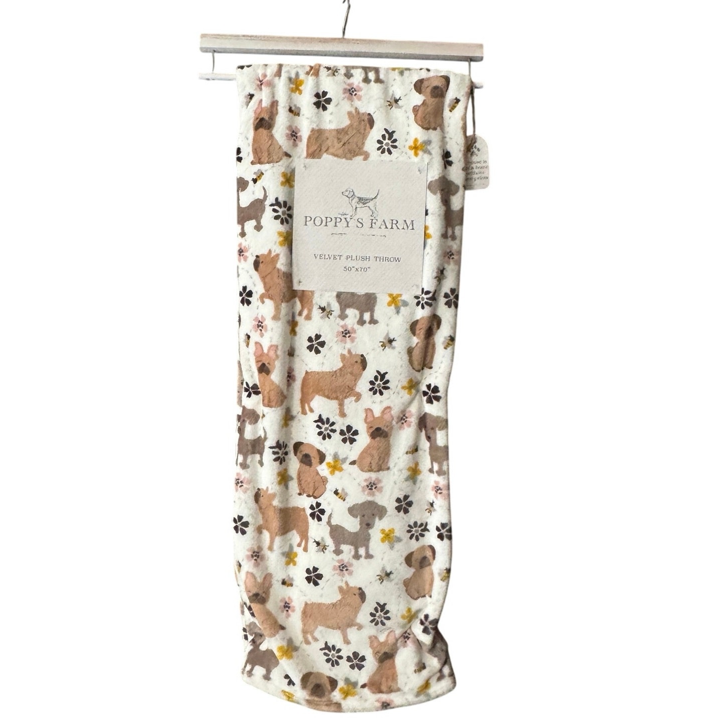 Poppy’s Farm Spring Throw Blanket Frenchie Dogs Bumblebee Daisy Flowers NEW
