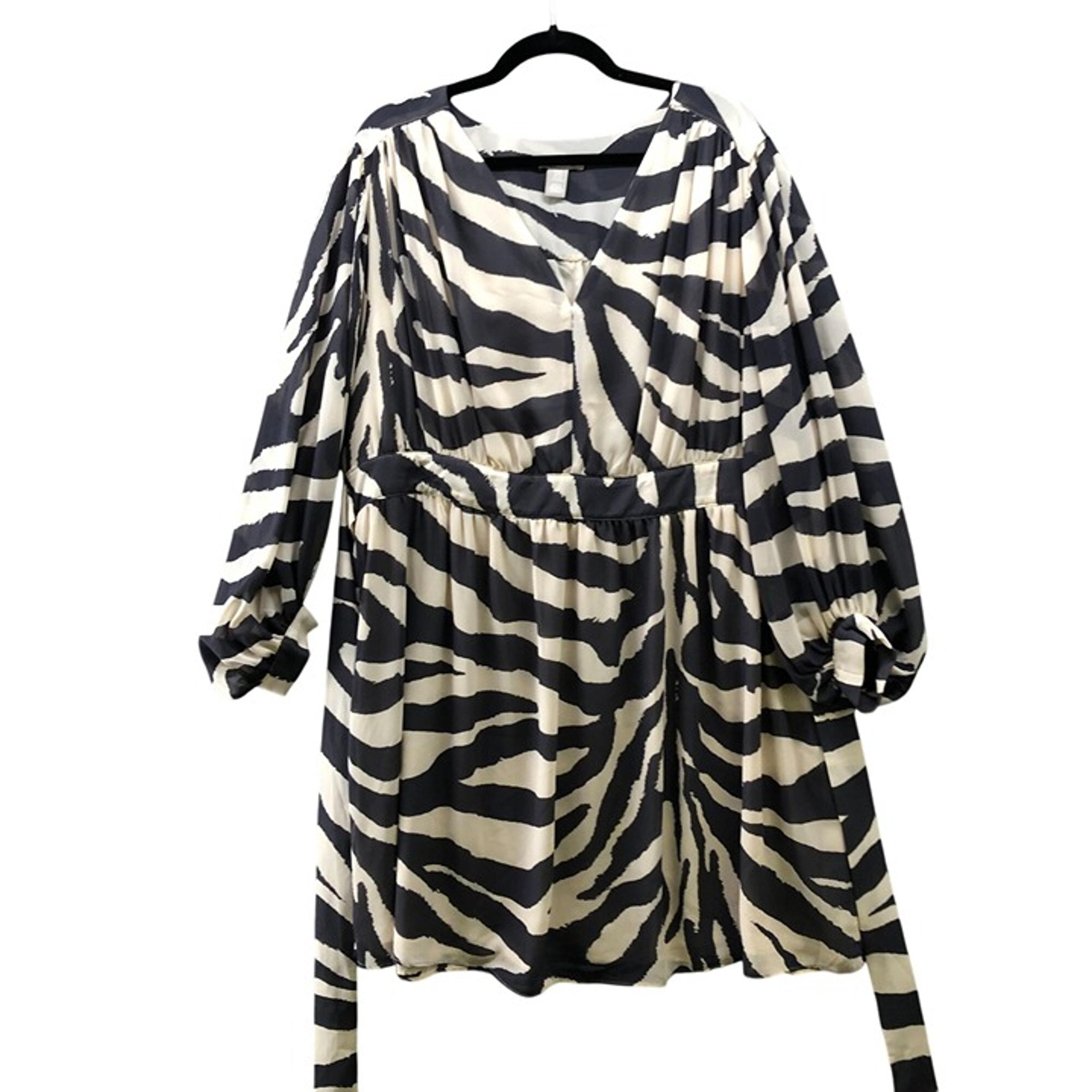 H&M Long Sleeve Dress Womens XXL Ivory Black Zebra Print A-Line Knee Length