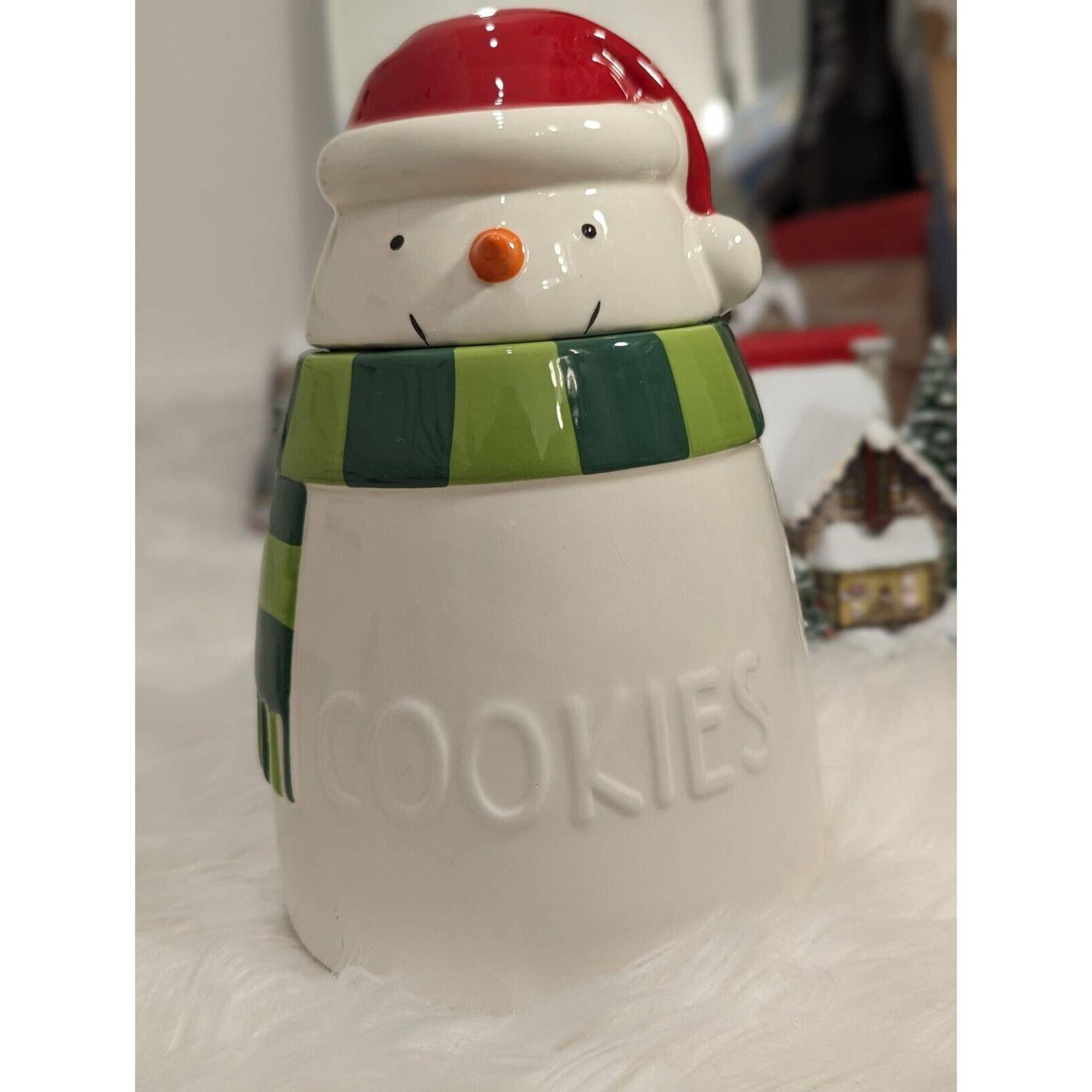 Snowman Cookie Jar Hallmark 9" Ceramic Red Santa Hat Green Striped Scarf