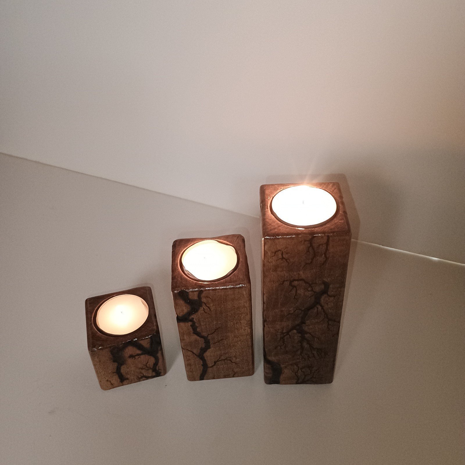 Tealight Holders Wooden. Fractal Lichtenburg Candle Holder / 3 Piece Maple Wood