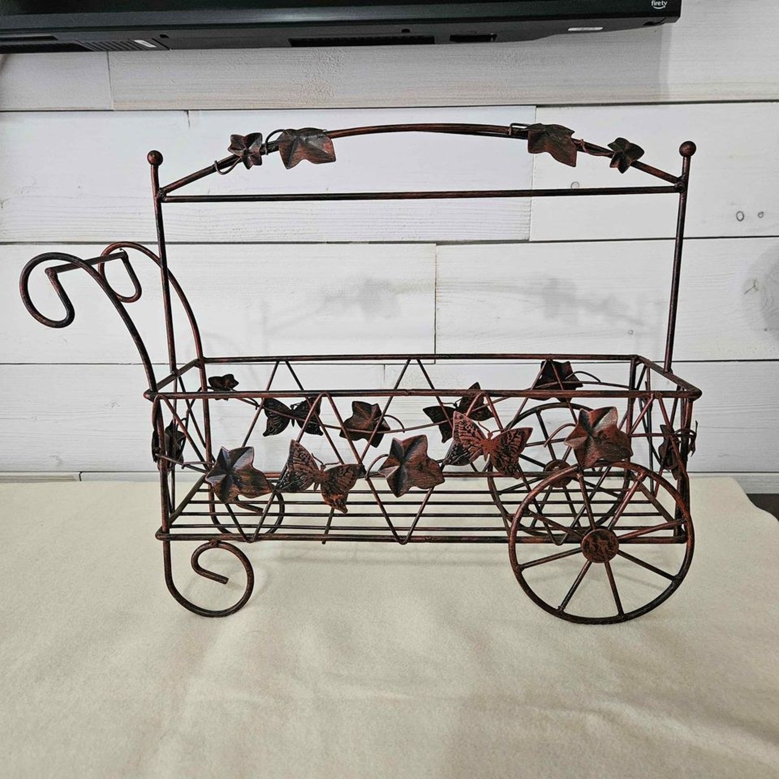 Rustic Outdoor Decorative Fall Metal Cart Butterfly and Ivy Leaf Details