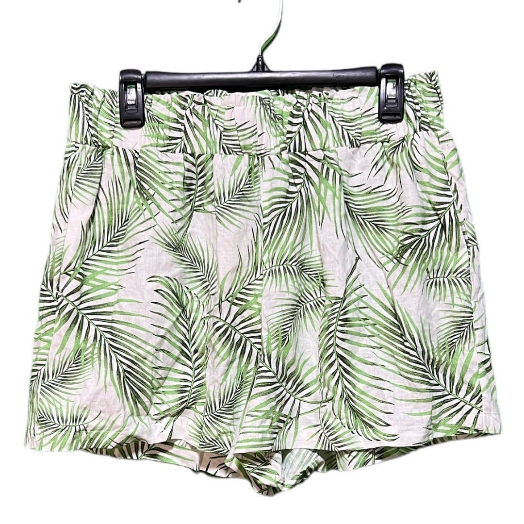 NWT Sigrid Olson Shorts Pull On Elastic Waist Linen Blend Green White Leaf Large