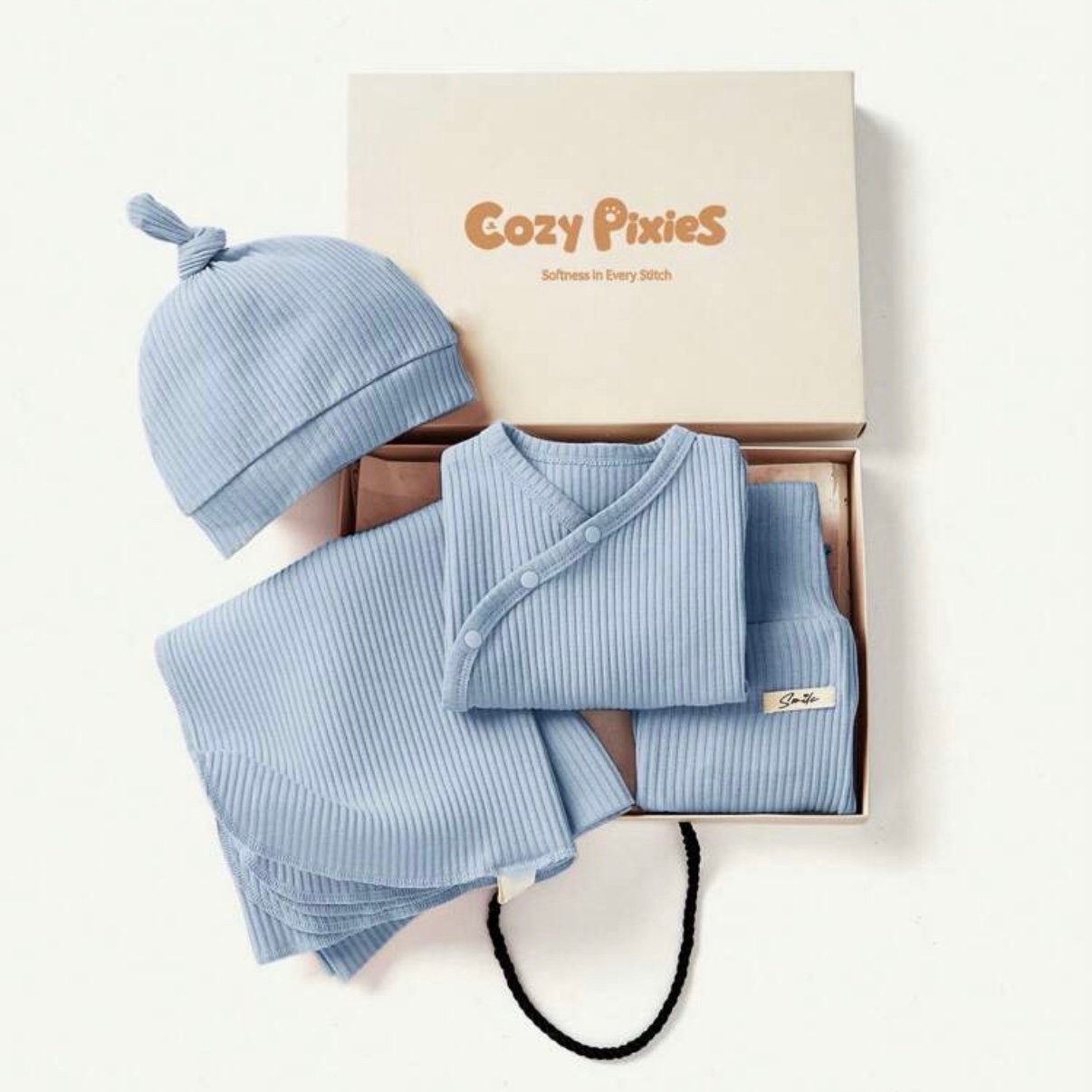 Cozy Pixies 4pcs Newborn Baby Knit Set – Dusty Blue (PICK SIZE)