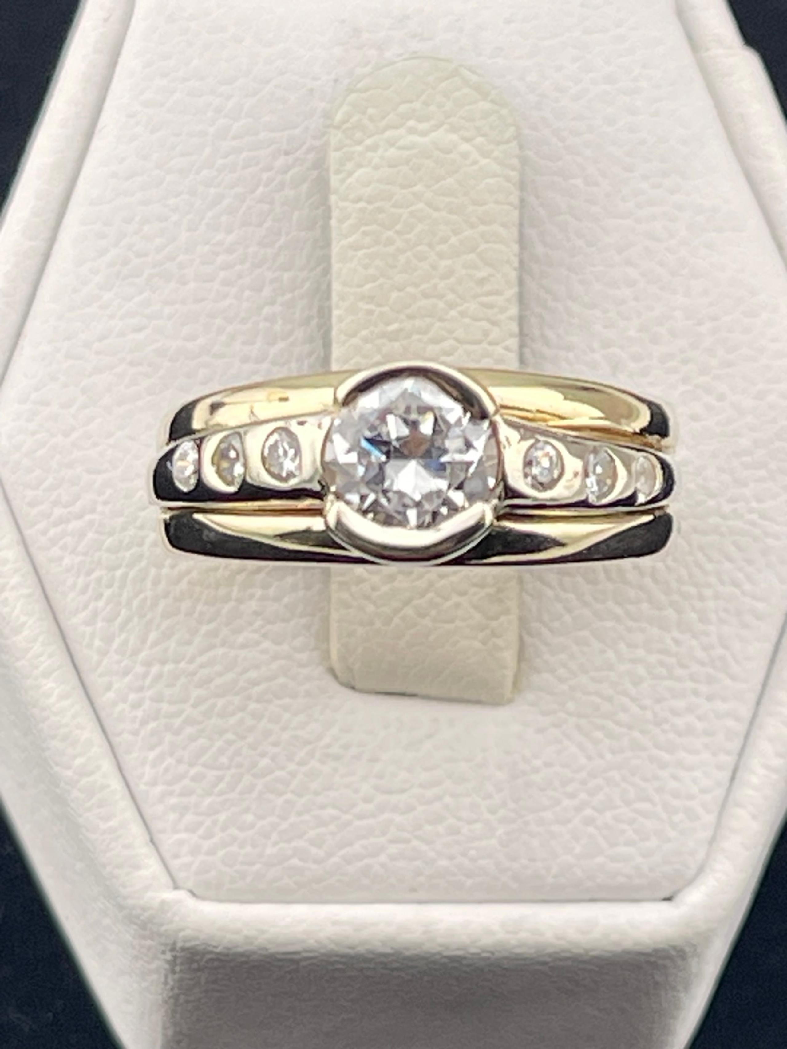 Vintage unique, art deco, simulated diamond ring, 14 karat white and yellow gold