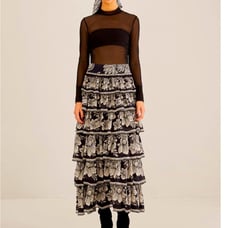 NWT Farm Rio | Boho Black Tiered Maxi Midi Skirt | Cottagecore Resort Hippie | M