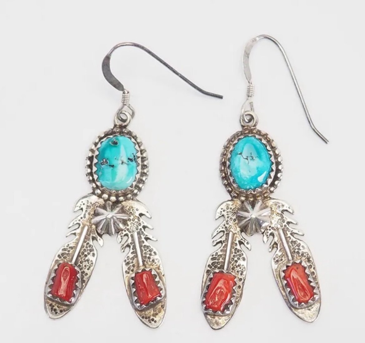 Sterling Silver Turquoise and Red Coral Feather Earrings like new