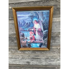Vintage 70's Lenticular 3D Hologram Guardian Angel Children Framed Picture
