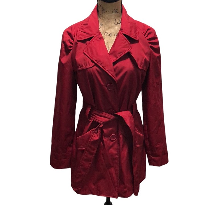 {Colebrook} Red Button Down Belted Trench Coat