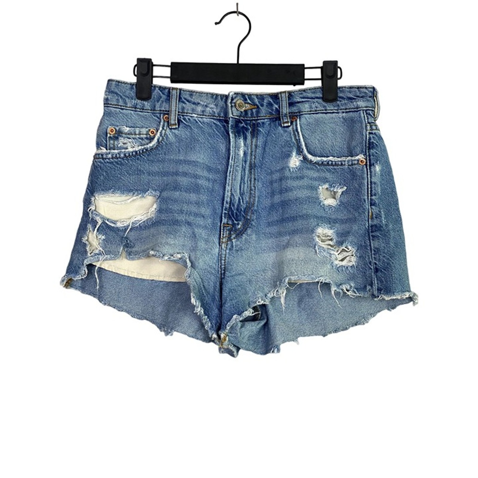 ZARA The High Waist Short Cotton Distressed Raw Hem Button Closure 6 Blue #2246