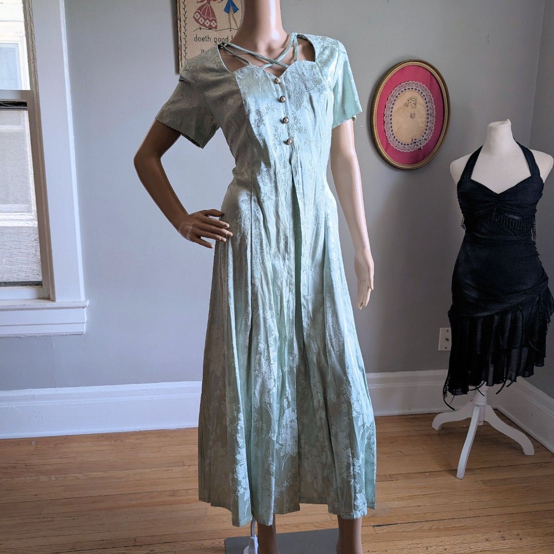 Vintage 90s Sarah Richards Maxi Dress Sage Green Floral Embossed Cottagecore 11