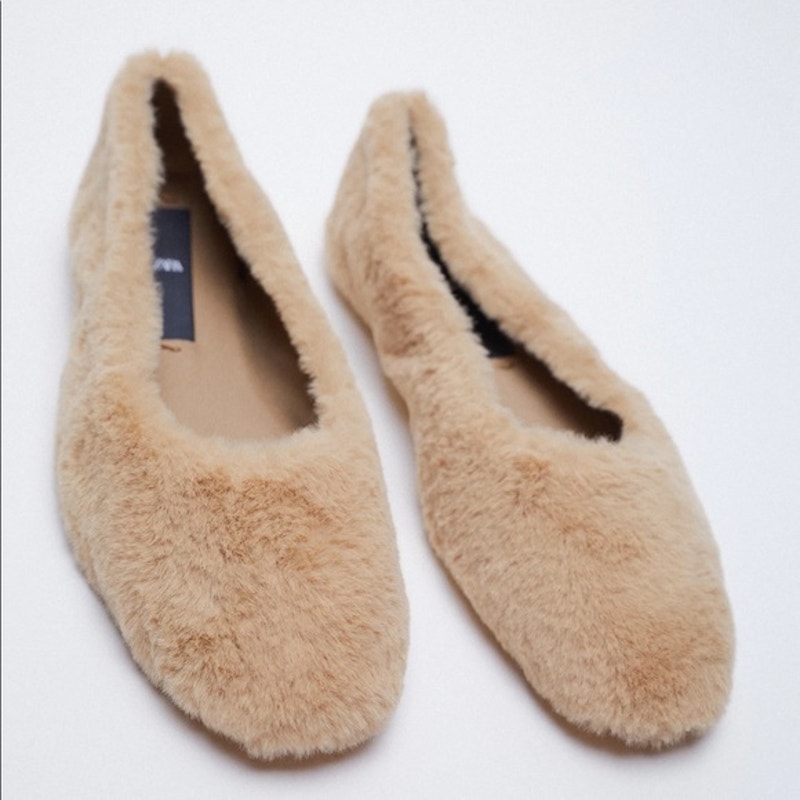 NEW Zara mink grey faux fur ballet flats Sz EU39