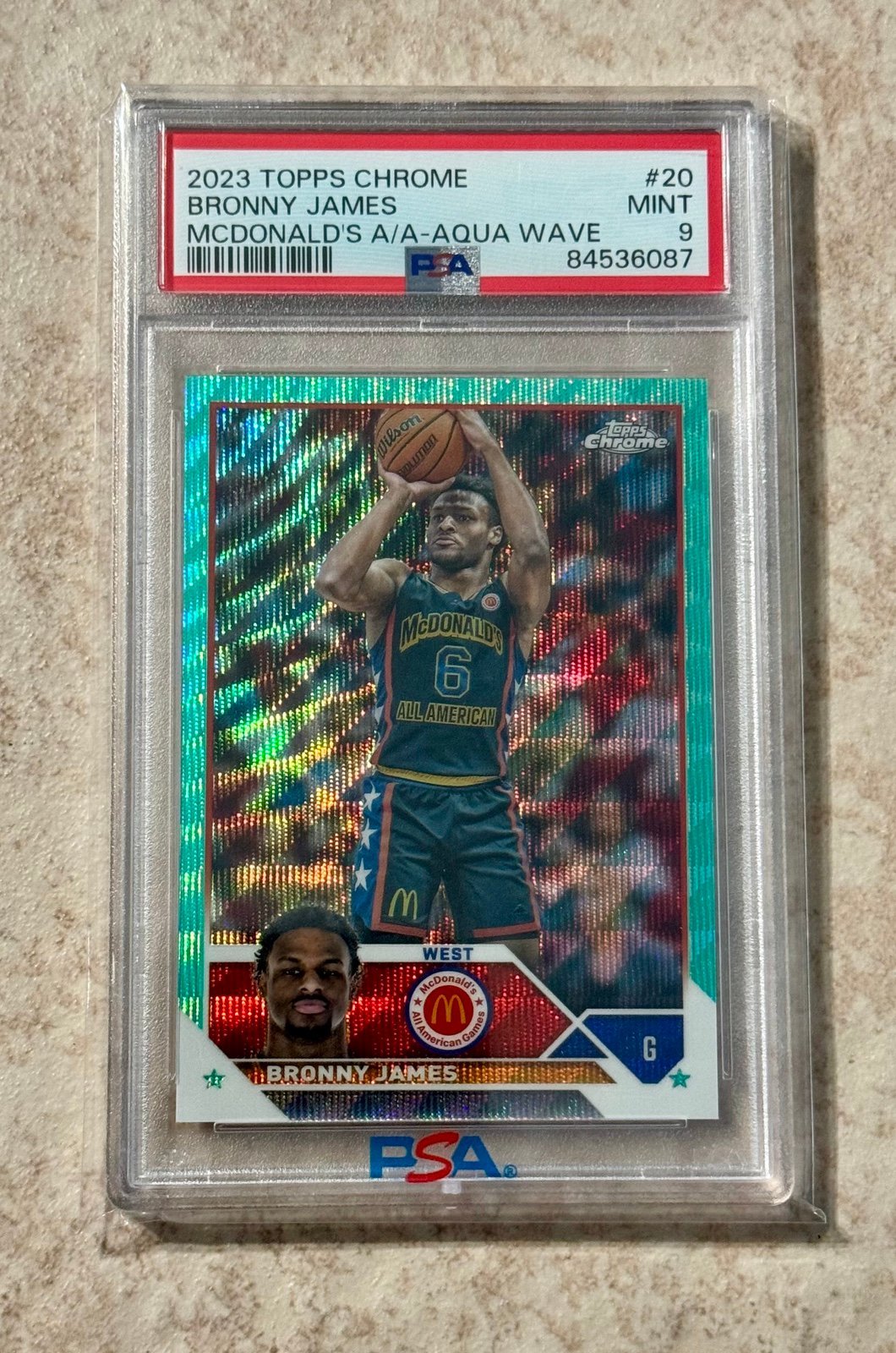 Bronny James 2023 Topps Chrome Aqua Wave McDonald's All-American #20 PSA 9 Mint