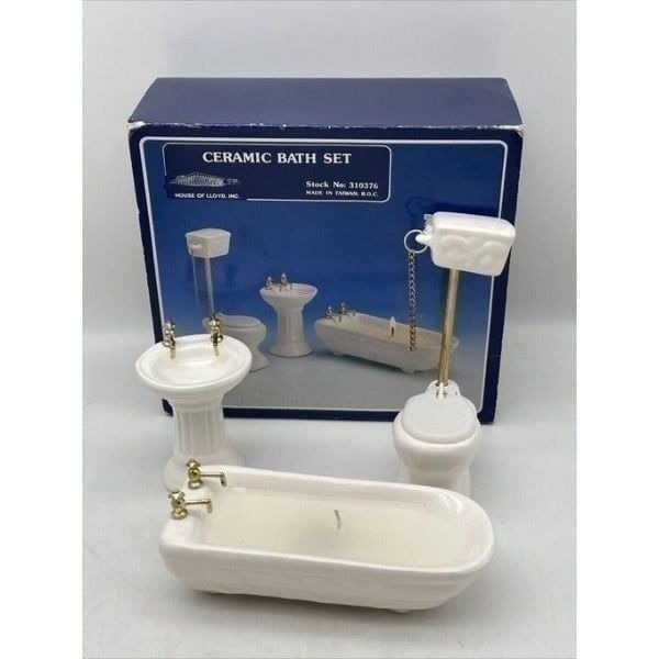 Vintage House of Lloyd Dollhouse Bathroom Set Toilet Bathtub Sink Ceramic NOS