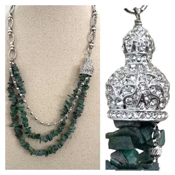 Joan Boyce Faux Jade Silver Crown Triple Strand Green Layered Necklace NEW