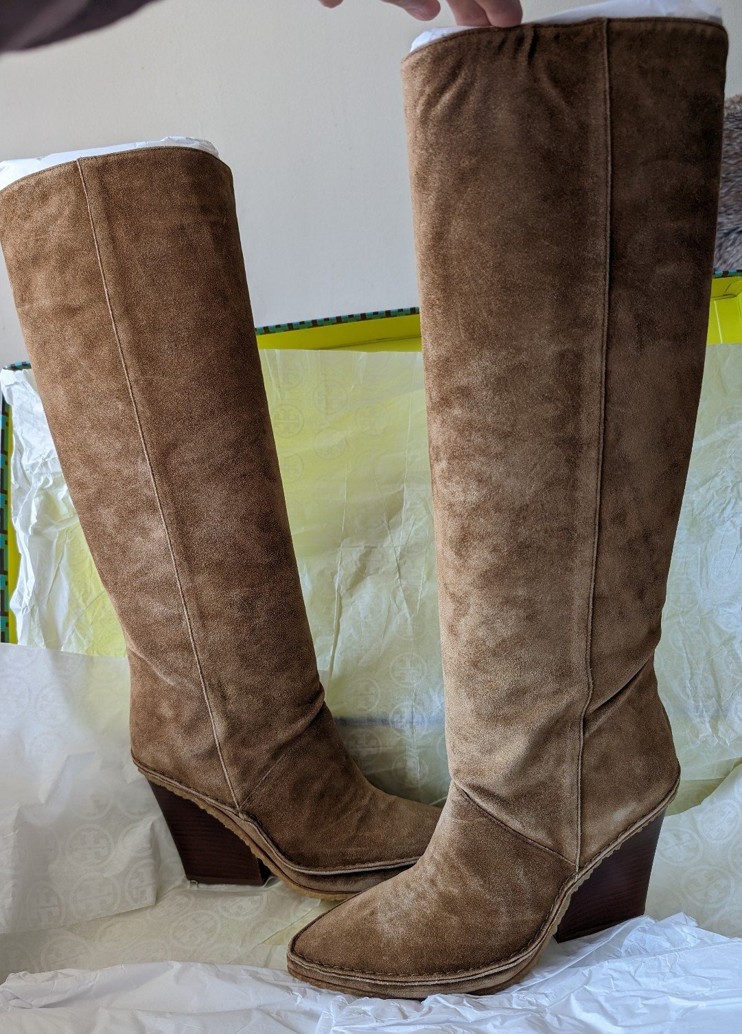 Tory Burch Women's Lila Tall Natural Suede Heel Boots Brown Alice, NIB, Sz 9.5
