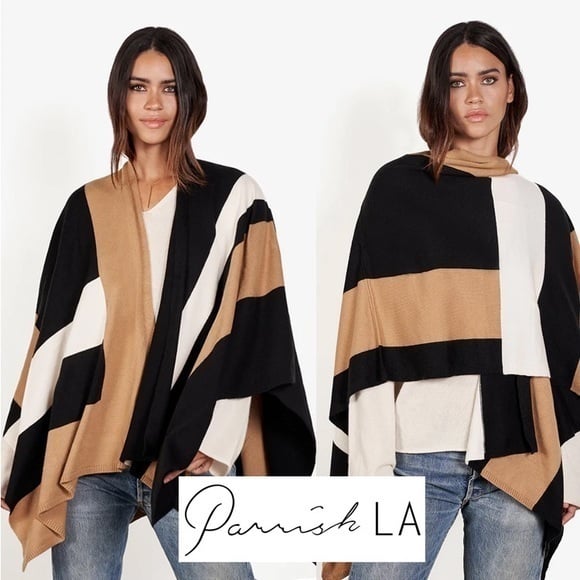 Parrish LA Stevie Poncho Geometric Strip Black White Beige One Size