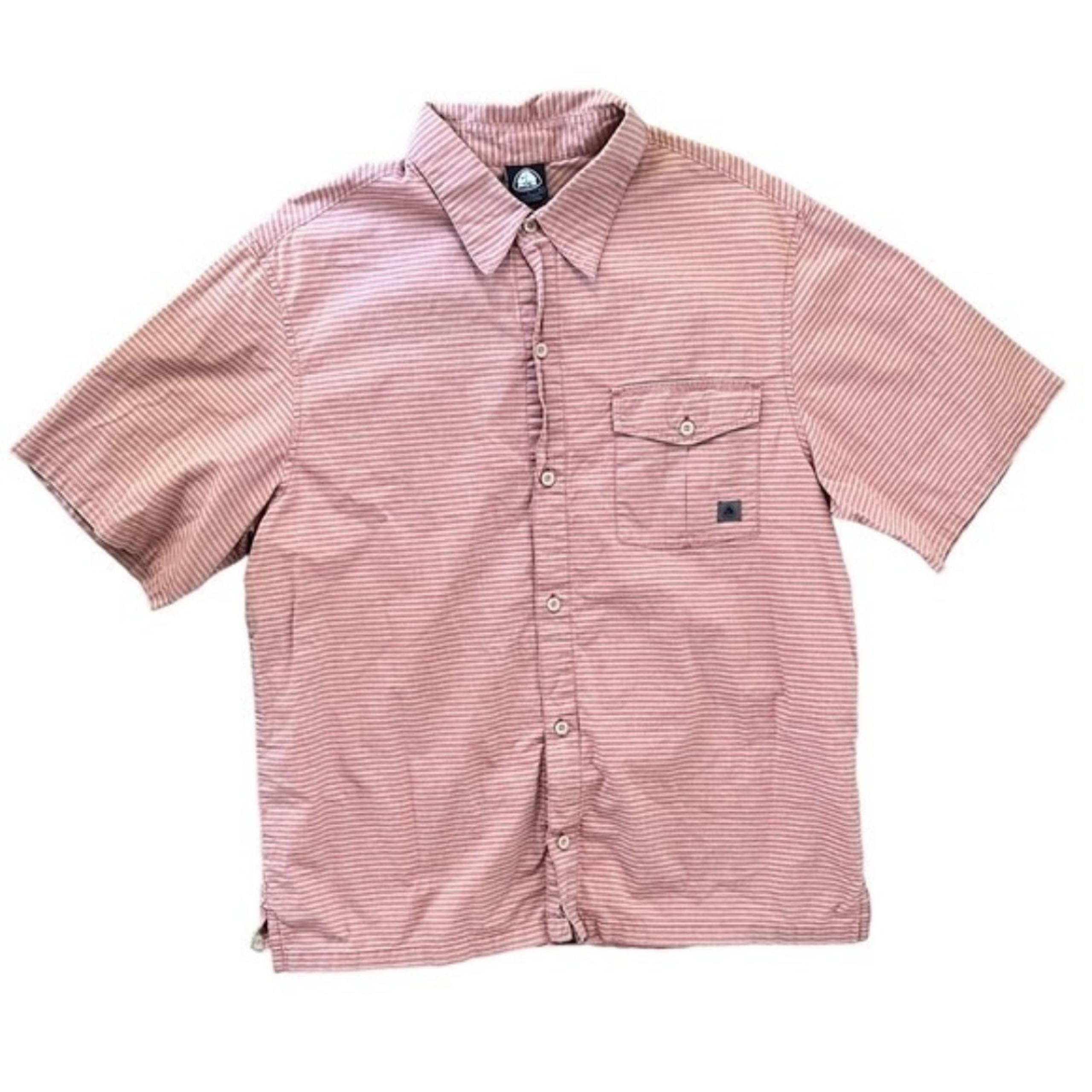 Nike ACG Men's Short Sleeve Button Front Orange Tan Striped Pocket size Large