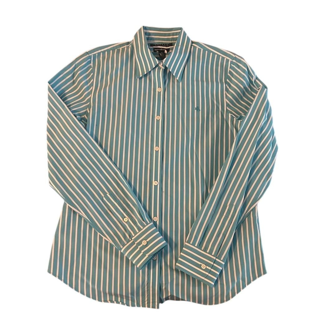 Lauren Ralph Lauren Women's M Blue Striped Button-Up Shirt Summer