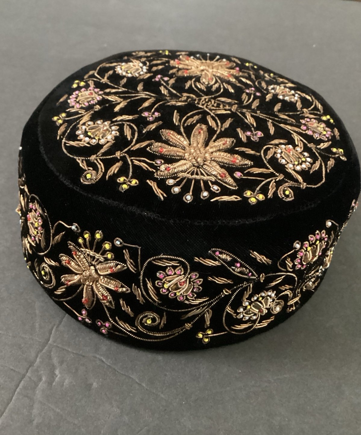 Vintage Metal/Beaded Embroidered Black Velvet Pill Box Hat by Noreen Fashion.