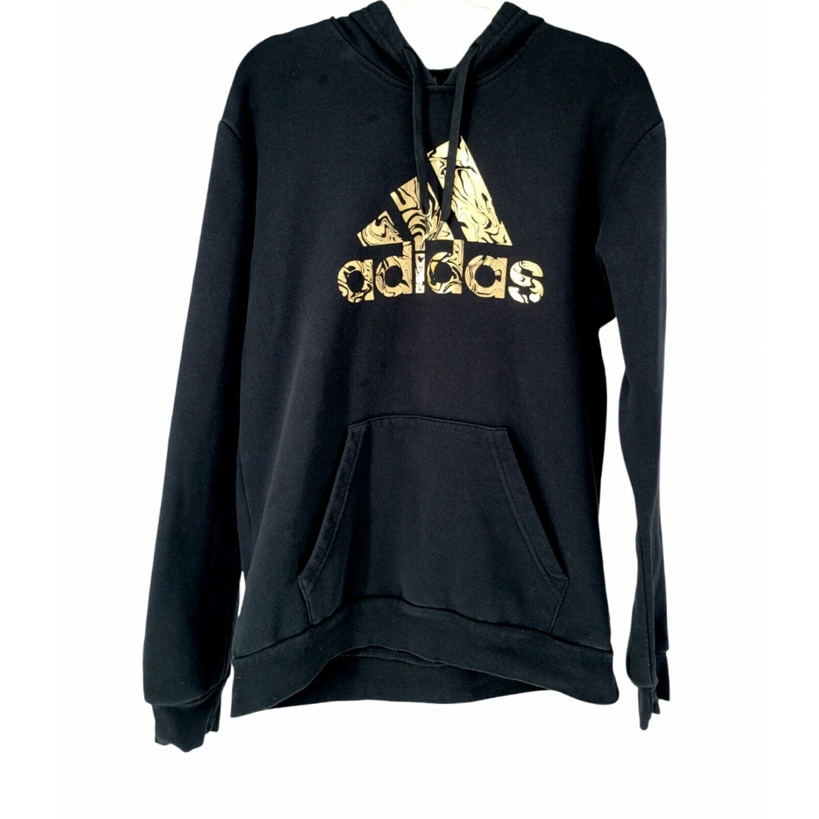 Men's adidas Liquid Foil Badge of Sport Graphic Hoodie Fleece Black Gold Logo M