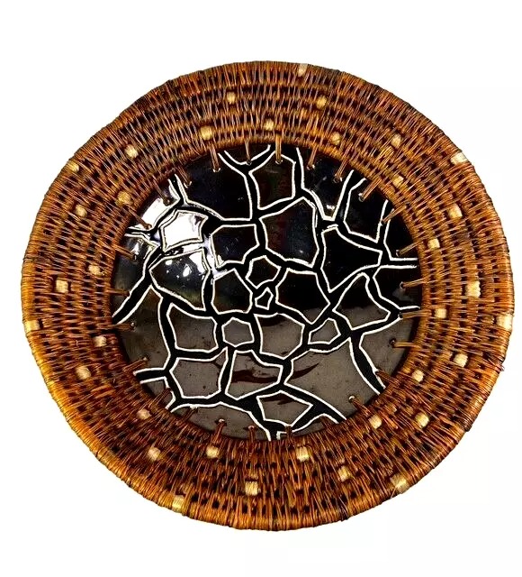 Swazi Ceramics Pottery Bowl Wicker Grass Woven Artist Signed Eswatini Swaziland