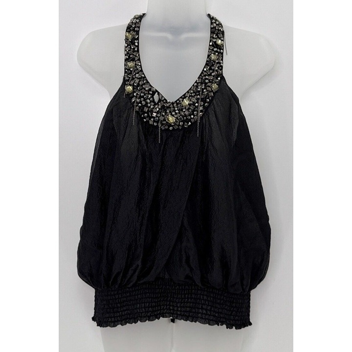 bebe Black 100% Silk Embellished Halter Top Size M, Y2K Vibes, Party, Classy