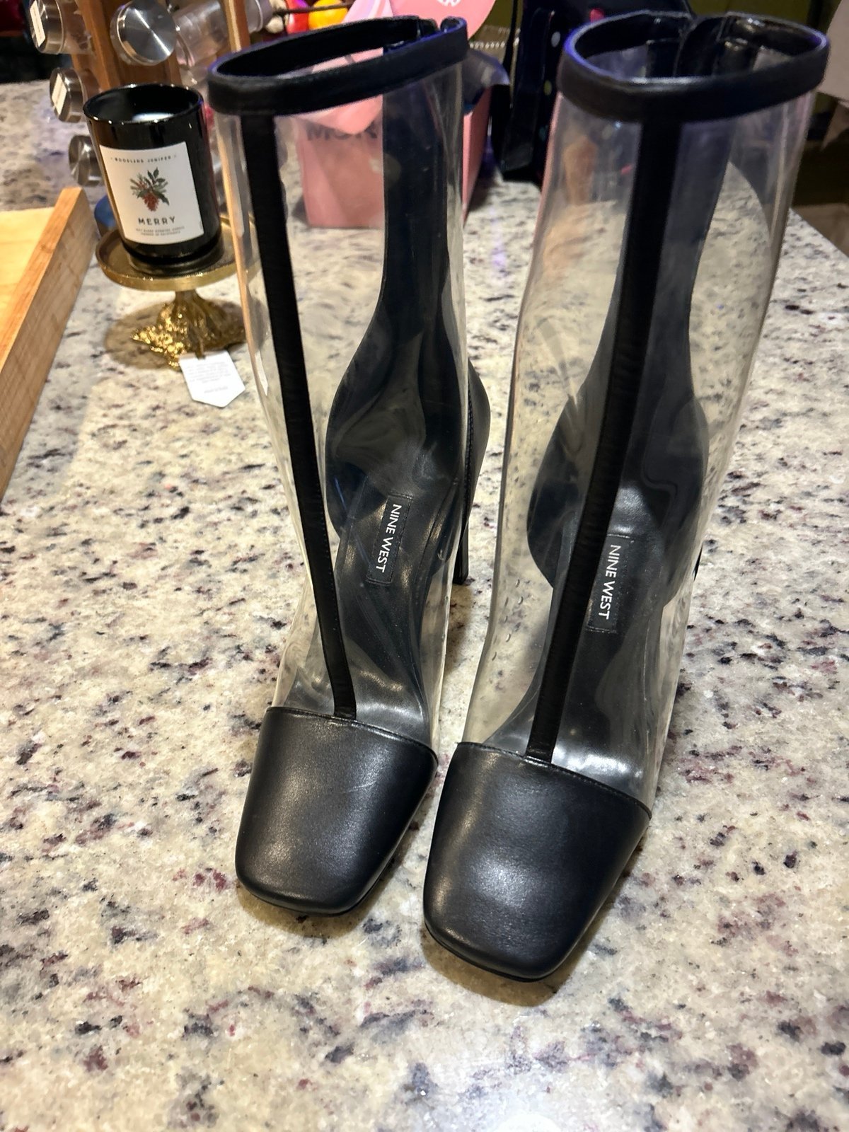 Nine West Women's Mid-Calf Back-Zip Transparent boots 7.5