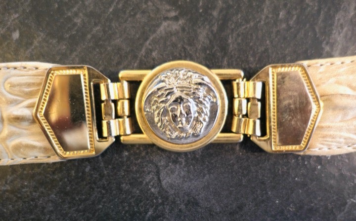 Vintage Hinged croc Blonde Crocodile Leather Mexican Mask Belt Unisex 38