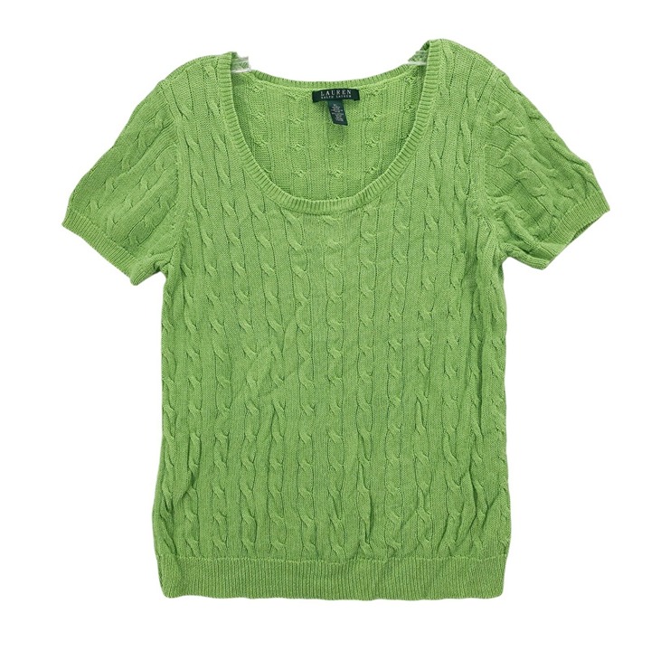 LRL Ralph Lauren Bright Green Cable Knit Short Sleeve Sweater Knit Top Size XL