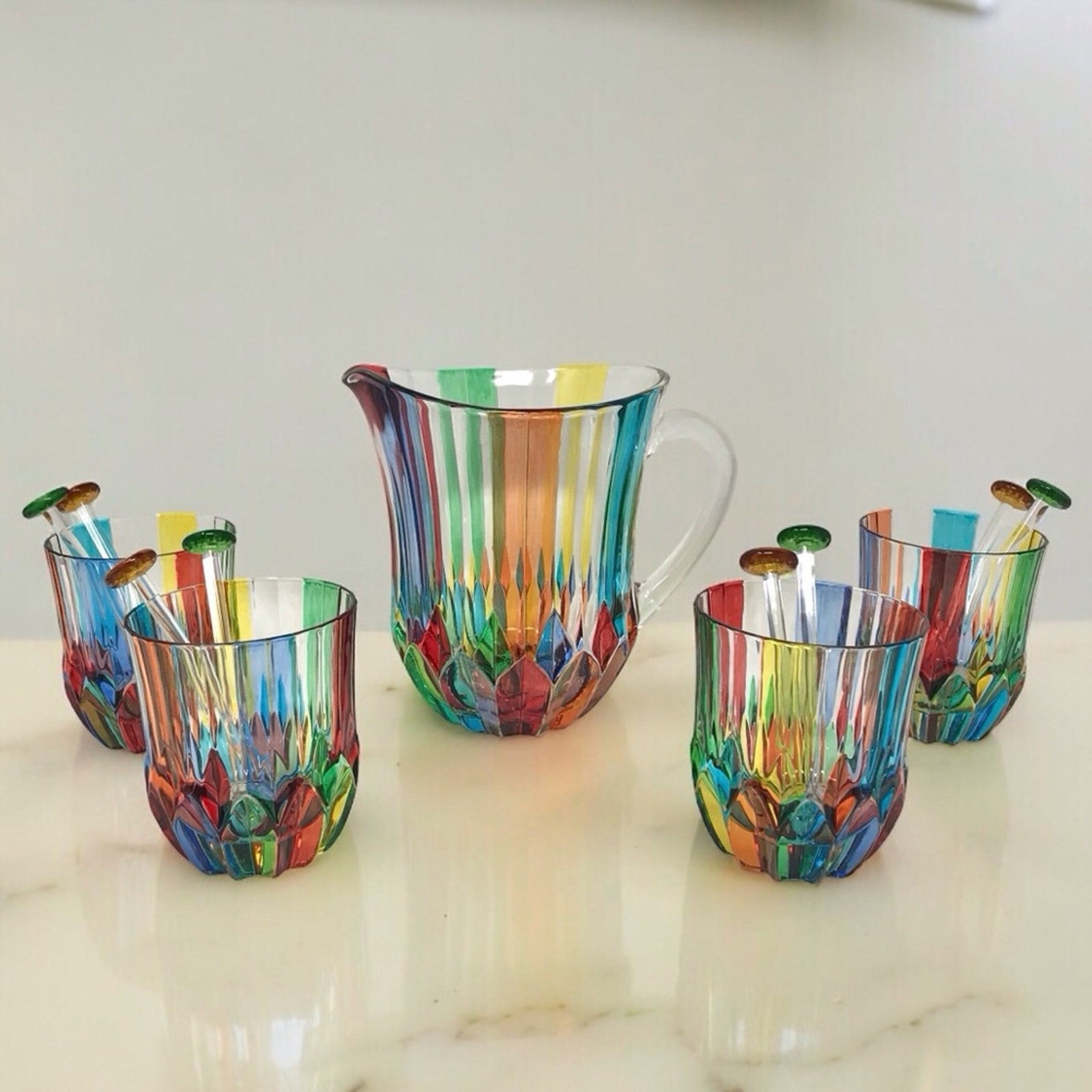 ZECCHIN Handmade 13 Set Venetian Crystal Glass Rainbow Pitcher Tumblers Stir