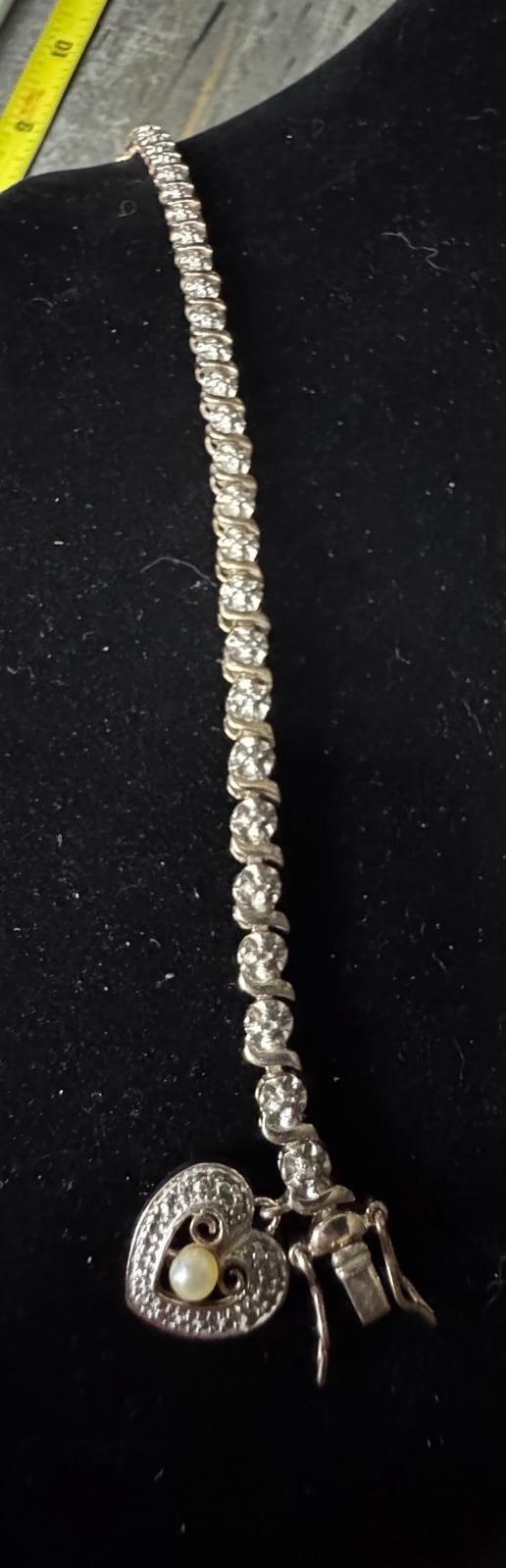 Sterling Silver Swirl Cubic Zirconia Link Style Bracelet 7” Heart Charm~11.33g