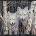 Vintage Ready to Frame Cross Stitch Picture Pair of White Wolves on Black