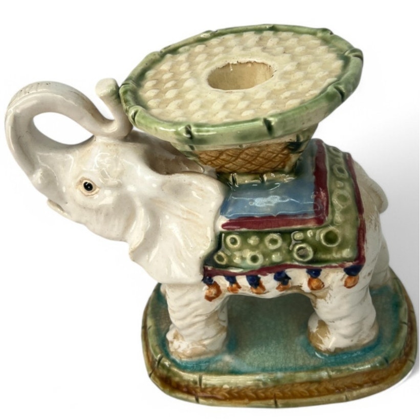 Vintage Handmade Ceramic Elephant Candle Holder Statue Hand Painted Signed