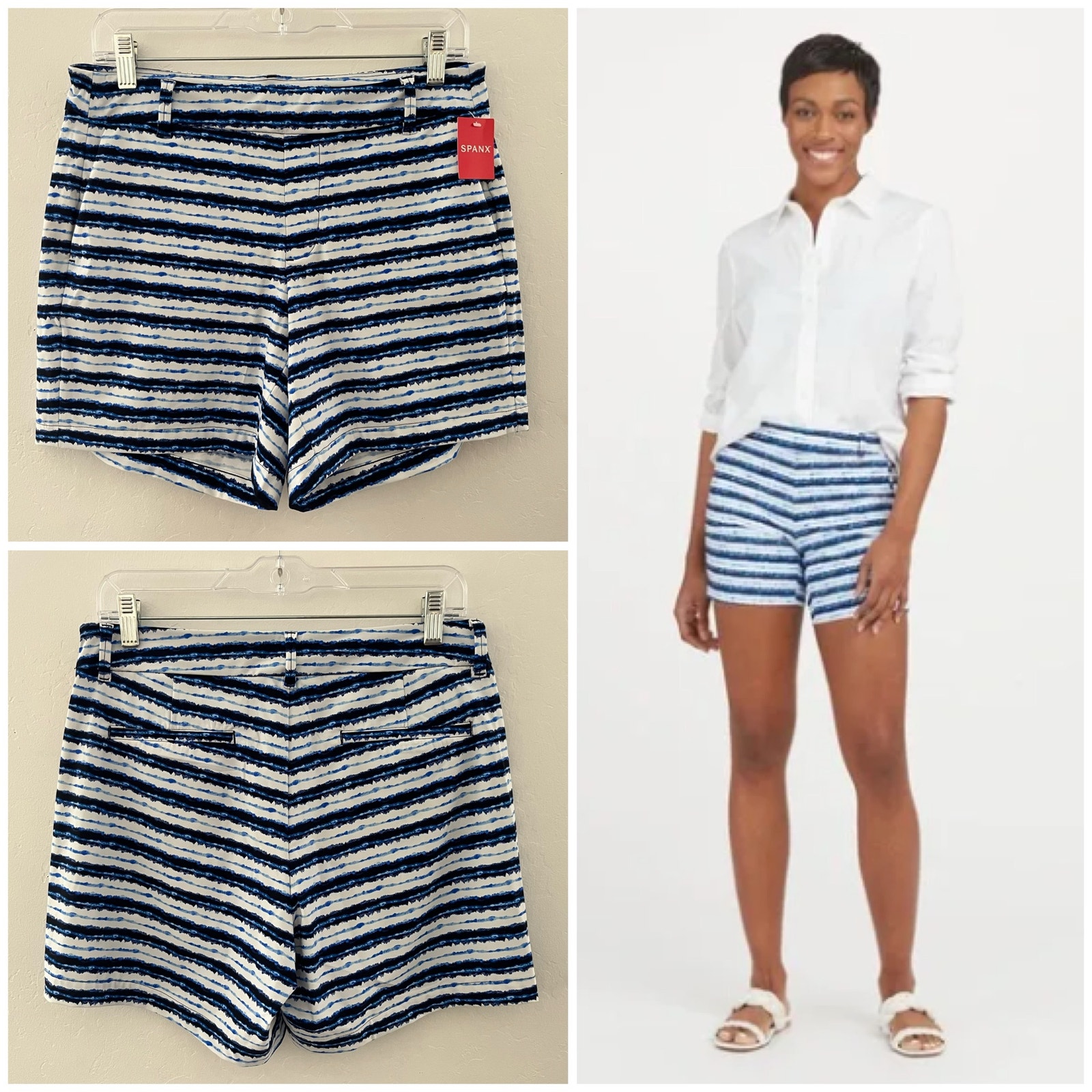 Spanx Sunshine 6 Shorts UPF 50+ Blue Painted Stripe Summer Beach Medium NWT