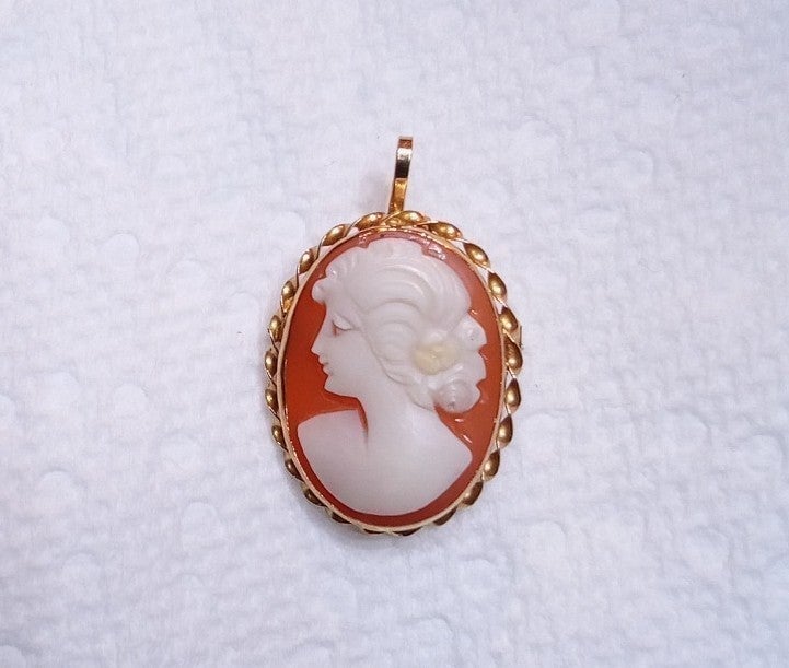 14K Gold Carved Shell Cameo Pendant and Brooch - Left Facing