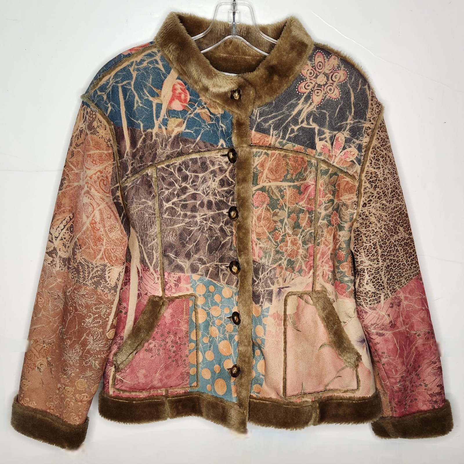 Coldwater Creek Petite Large Floral Faux Suede Shearling Patchwork Jacket Boho