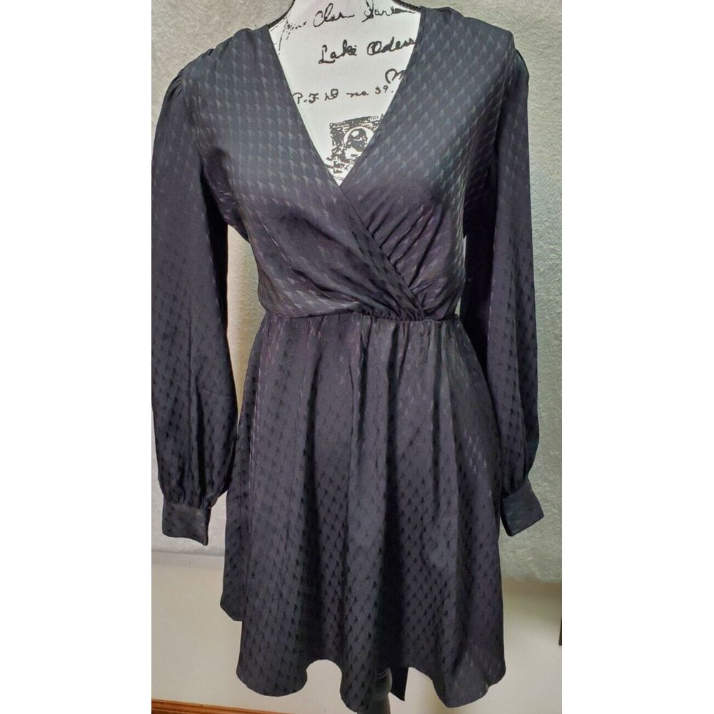 Express Mini Dress Women's Small Black Draped Hem Wrap V Neck Back Drawstring