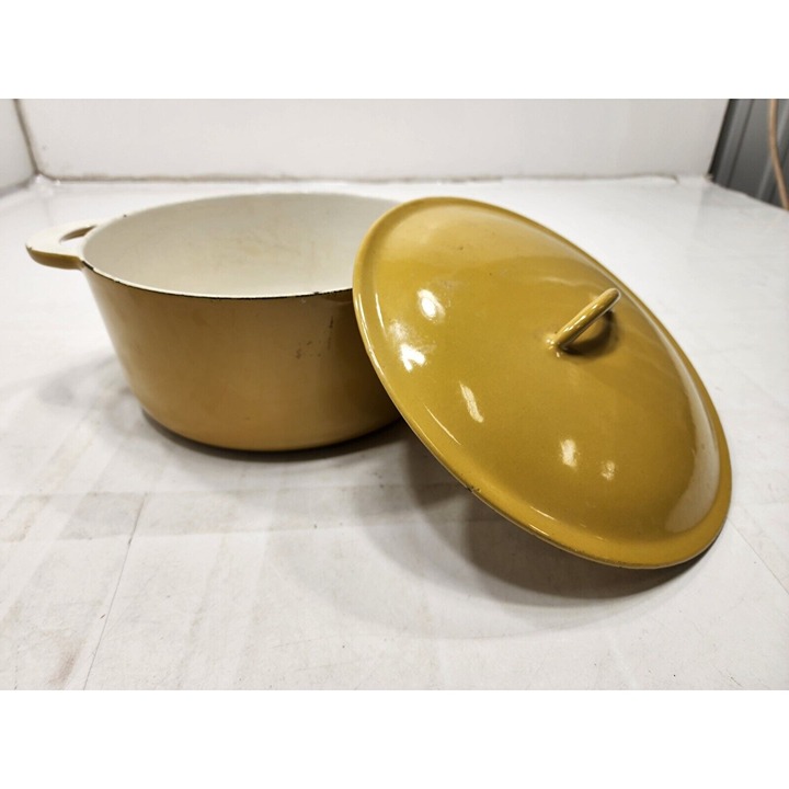 Vintage Descoware Enameled Cast Iron Yellow Handled 5qt StockPot W/ Lid Belgium