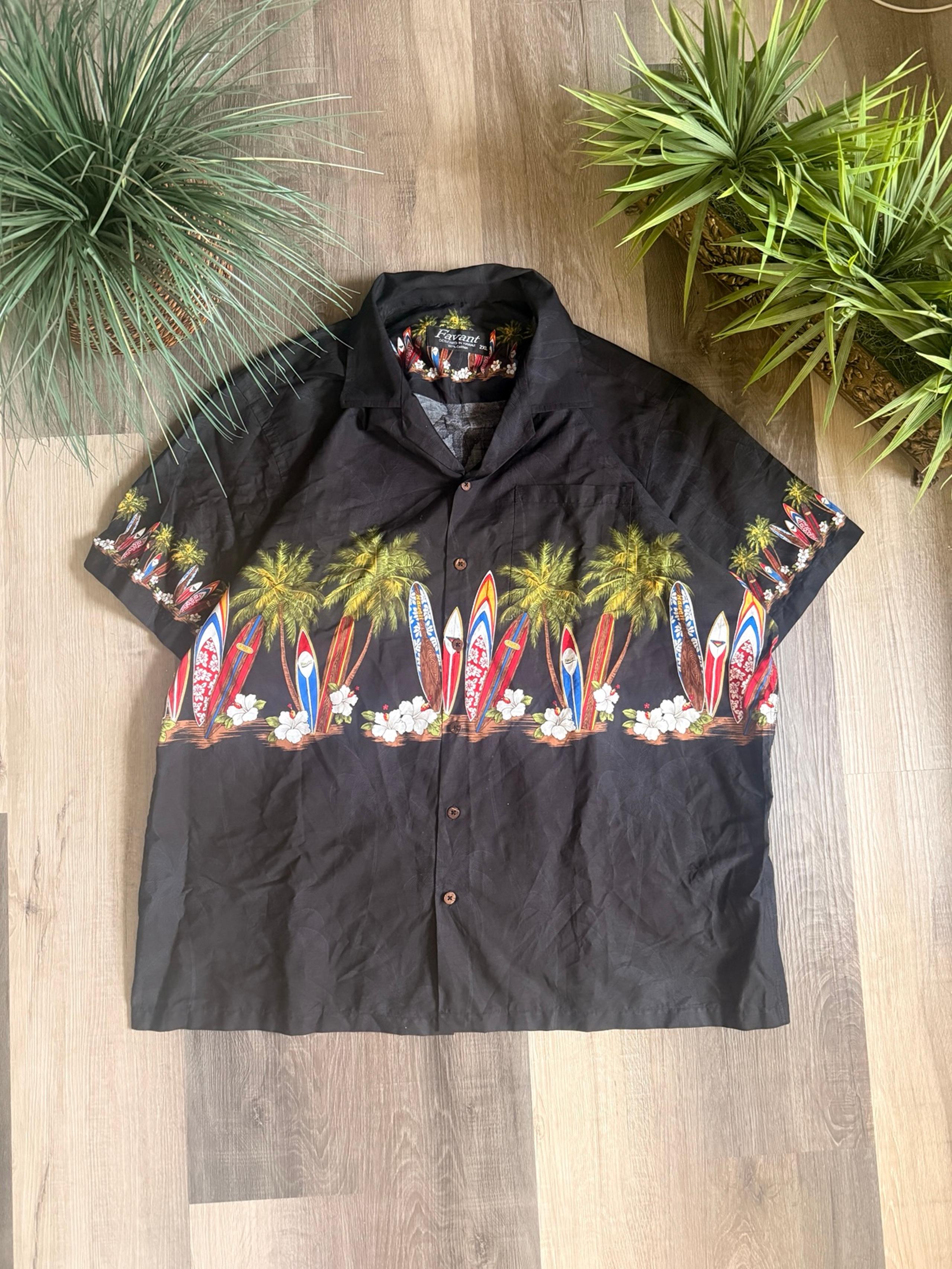 Favani Hawaiian Shirt Men’s XXL Surfboards Palm Tree Cotton Black Vintage 90s