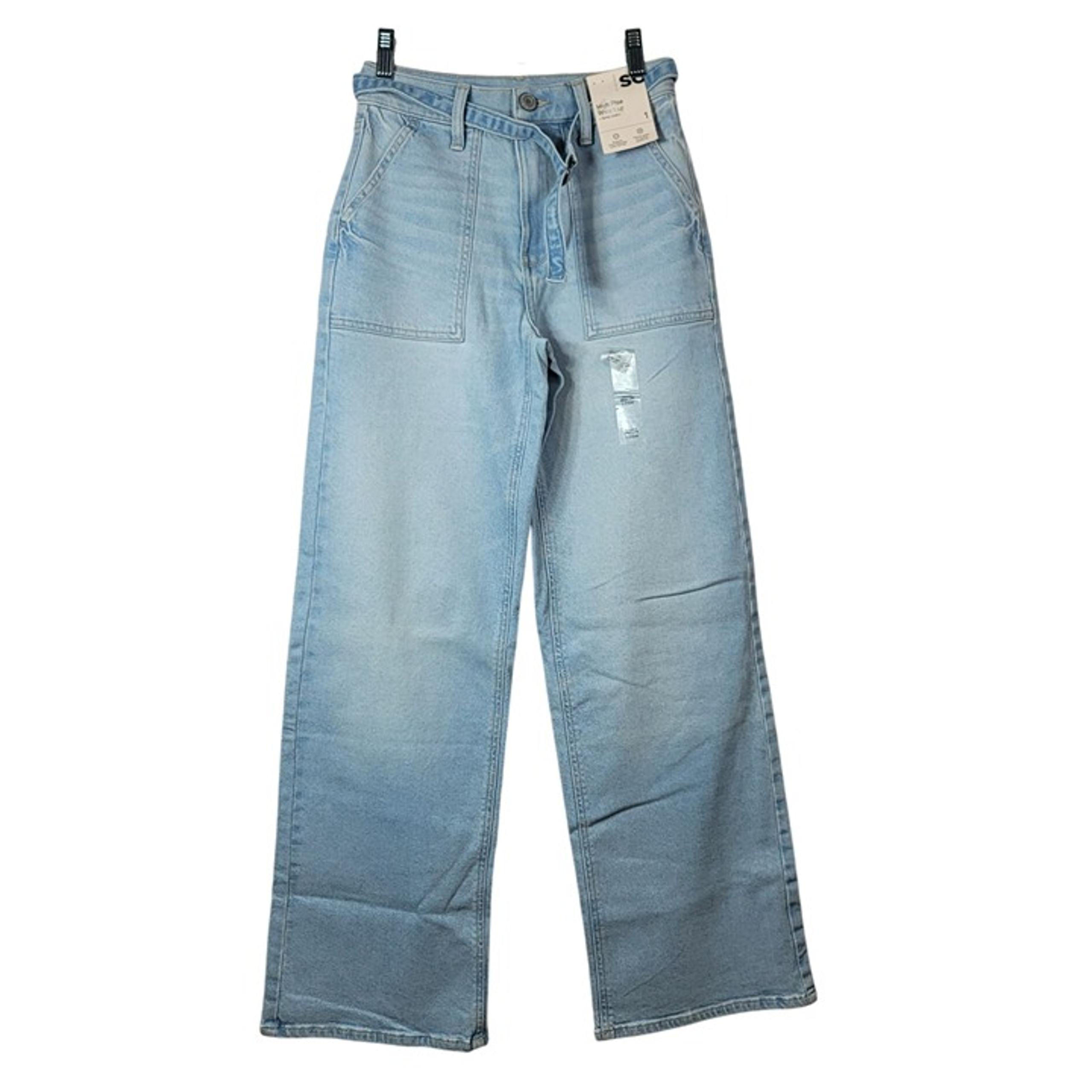 SO Wide Leg High Rise Jeans Blue Size 1 25W Tie Belt Zip Button Light Wash NWT