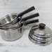 Vintage West Bend Dura-gleam Pot/Pan Set of 3 MCM Brown Handles 3 Ply Stainless