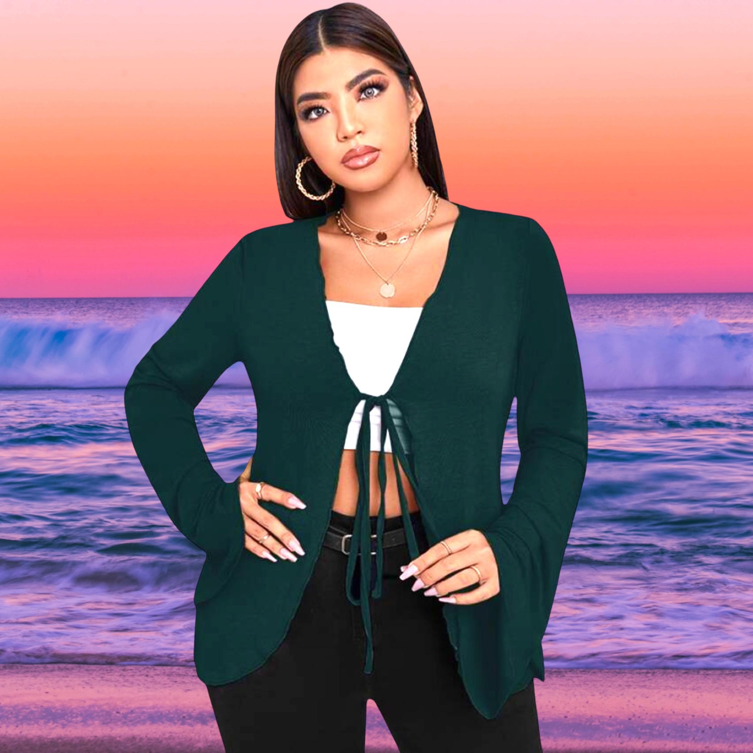 NEW Boutique Women’s plus-size Green Bell-sleeve Stretchy Tie-front Knit Top❤️3X
