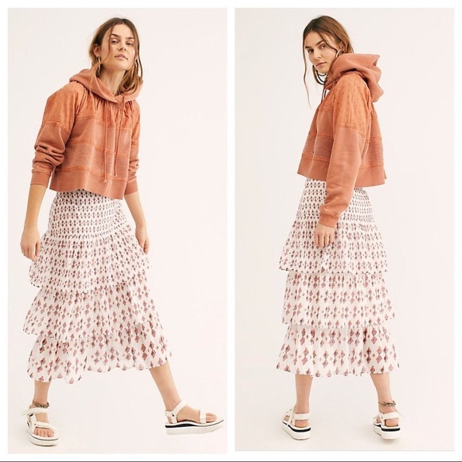 FREE PEOPLE Womens Cha Cha Tiered Cotton Midi Patterned Printed Skirt Size 0