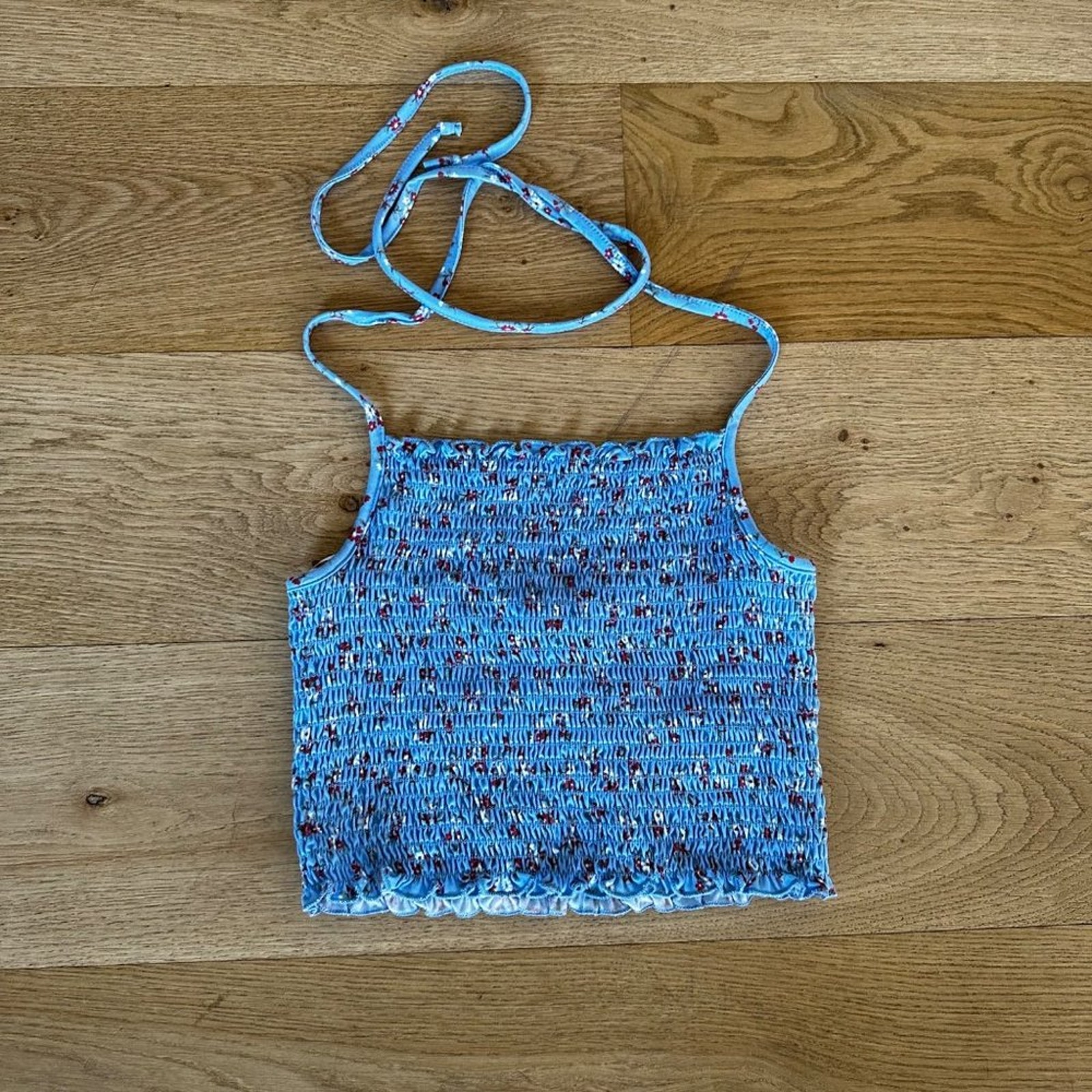 Urban Outfitters Shirred Halter Neck Crop Top in Blue Floral
